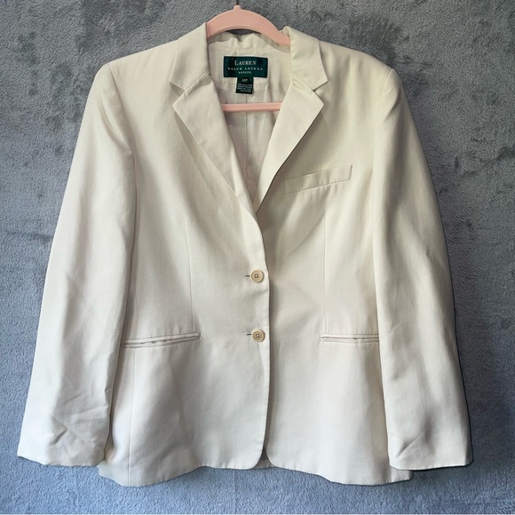 Lauren Ralph Lauren LRL Cream Blazer Faux Pockets 12P Petite Career Work Office - Picture 1 of 16